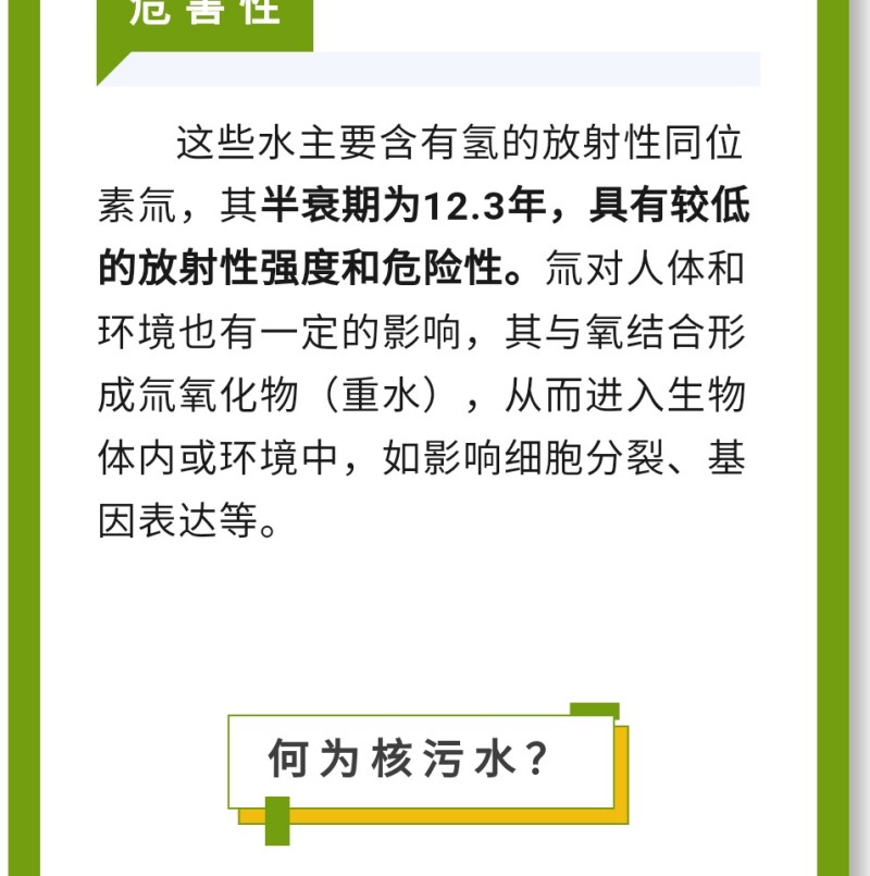 氚對人體和環(huán)境也有一定的影響，其與氧結(jié)合形成氚氧化物（重水），從而進入生物體內(nèi)或環(huán)境中，如影響細胞分裂、基因表達等。何為核污水？核污水是指被核燃料污染的水，如核泄漏事故中產(chǎn)生的高放射性廢水，或者與核燃料直接接觸的冷卻水等